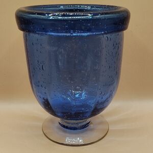 Vintage Cobalt Blue Hand Blown Glass Vase With Bubbles And Clear Pedestal Bottom